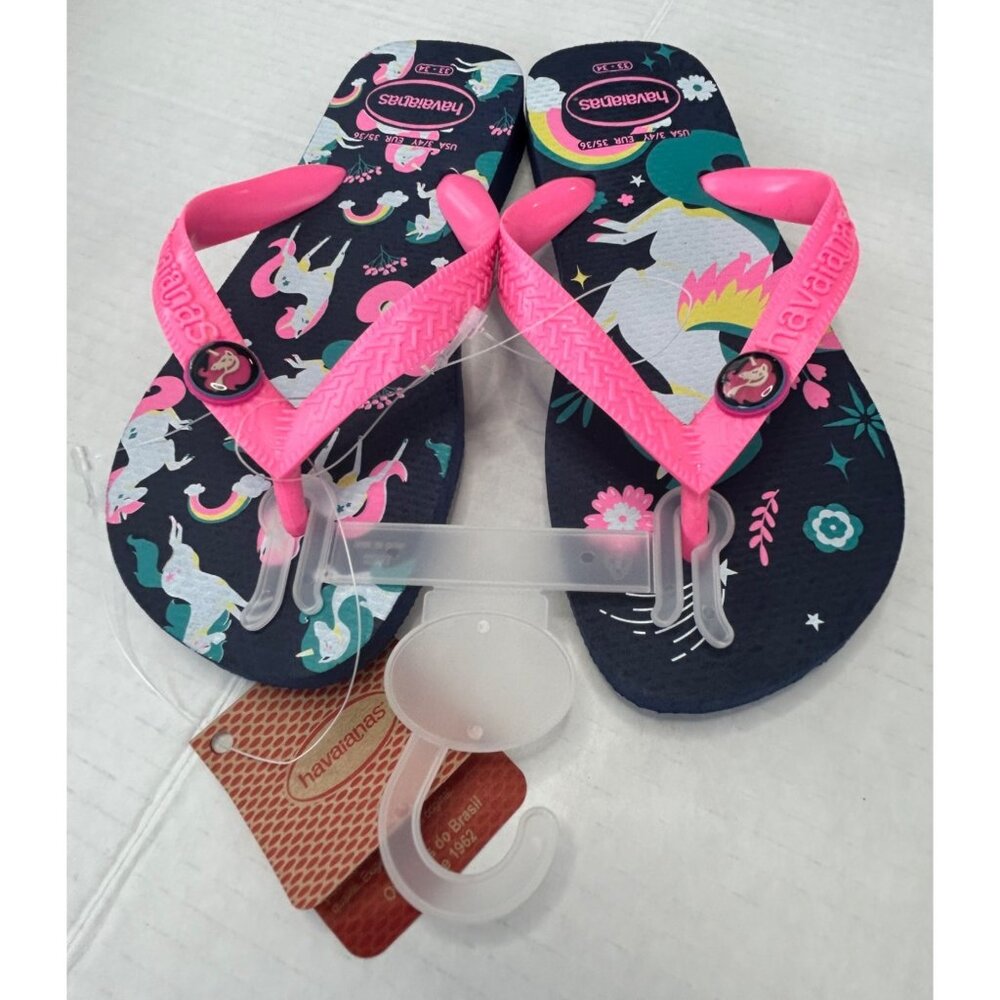 Havaianas Unicorn Charm Fantasy Girls Slide Thong Kids Flip Flops Blue Pink New - Picture 3 of 9